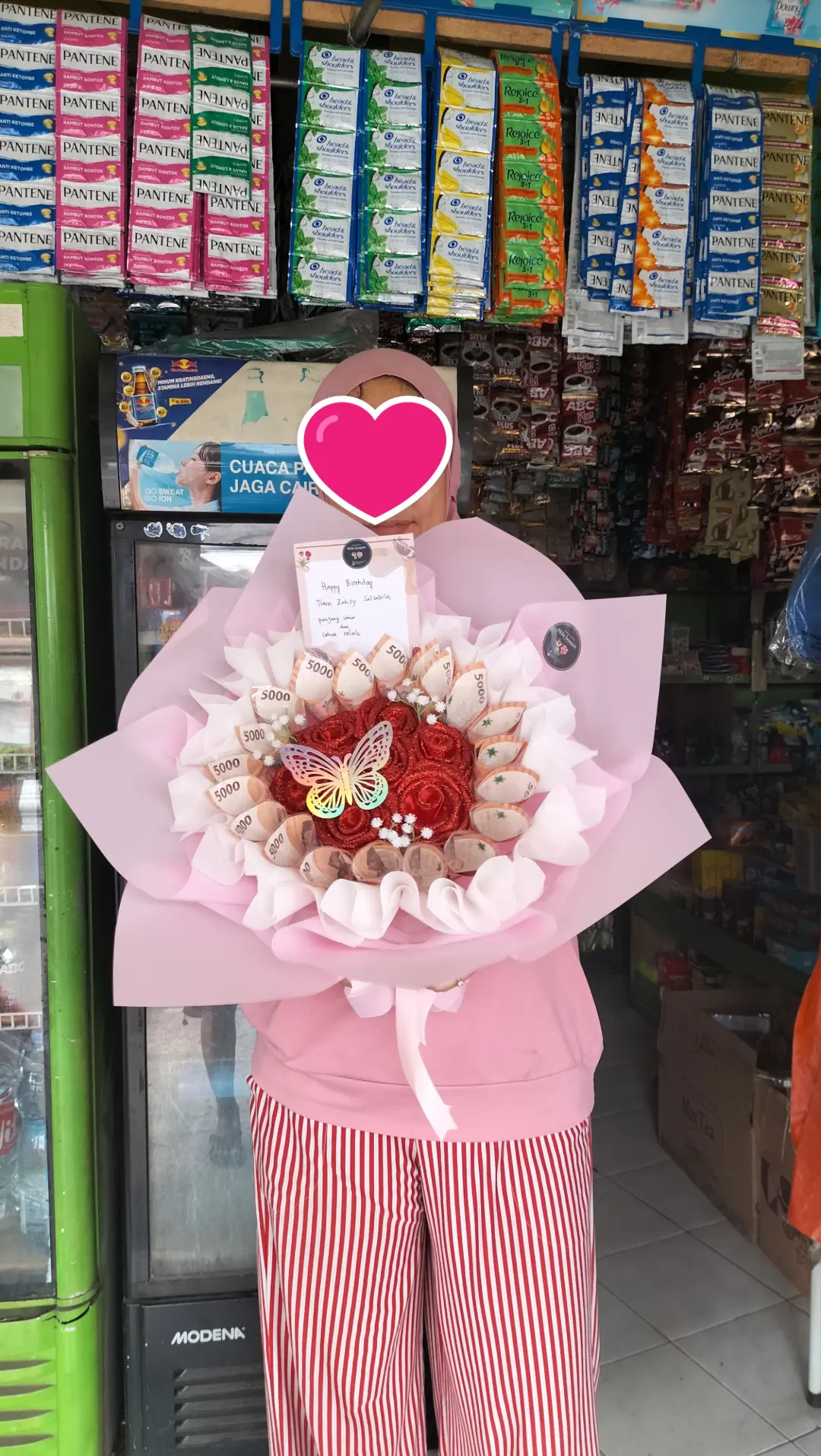 round buket uang satin wrapping pink