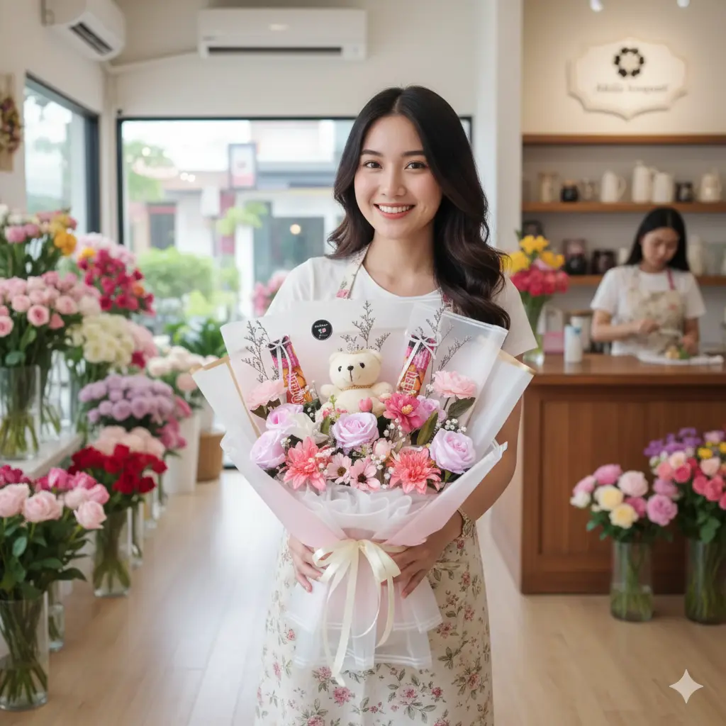 jual buket bunga mawar pink dihiasi boneka teddy bear untuk lamaran purwokerto