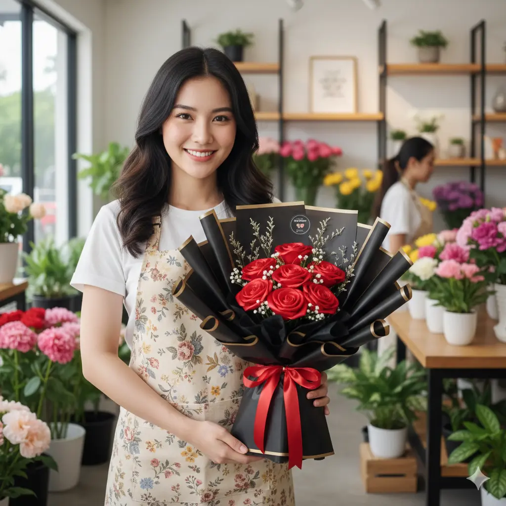 jual buket bunga mawar satin merah wrapping hitam purwokerto