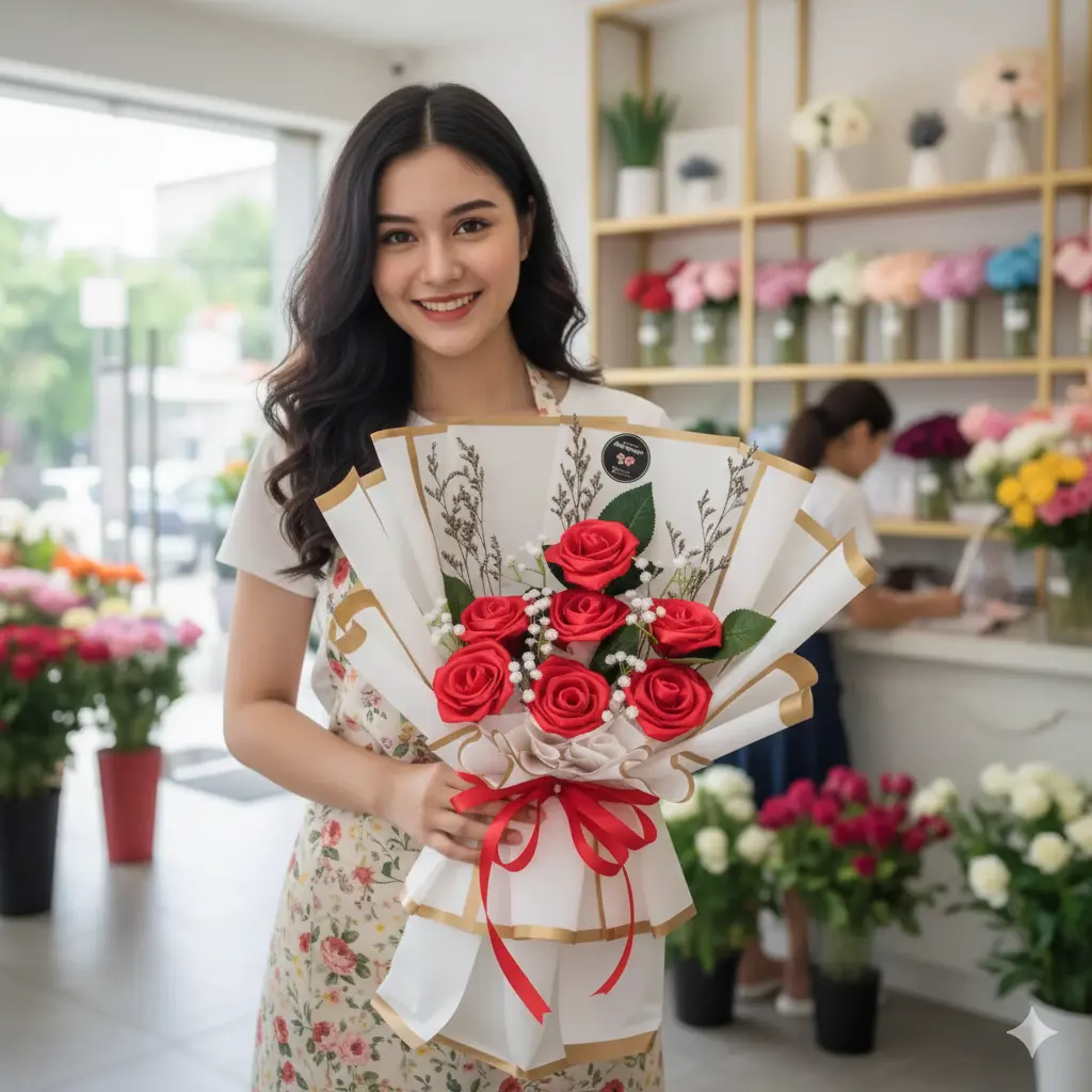 buket bunga satin merah wrapping putih Falling in Love Purwokerto