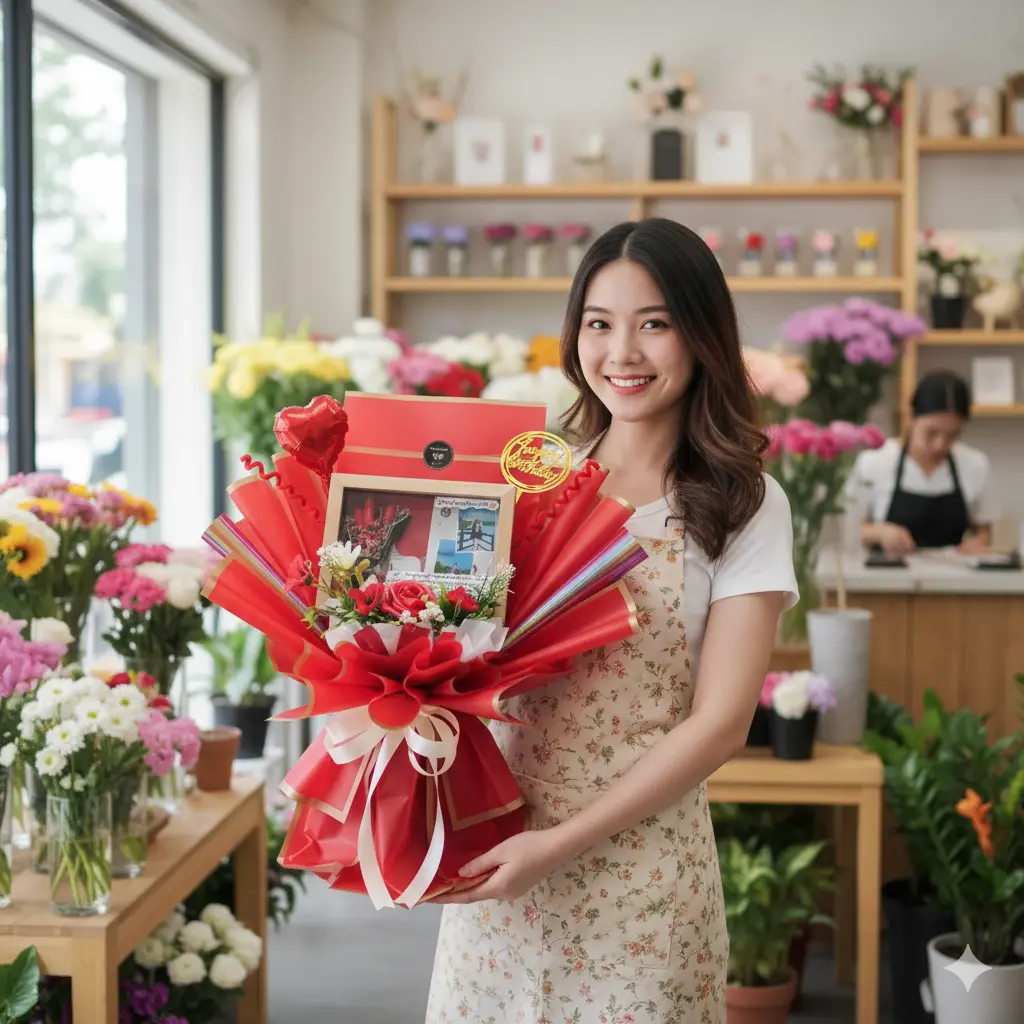 jual buket bunga dihiasi photo frame led Purwokerto