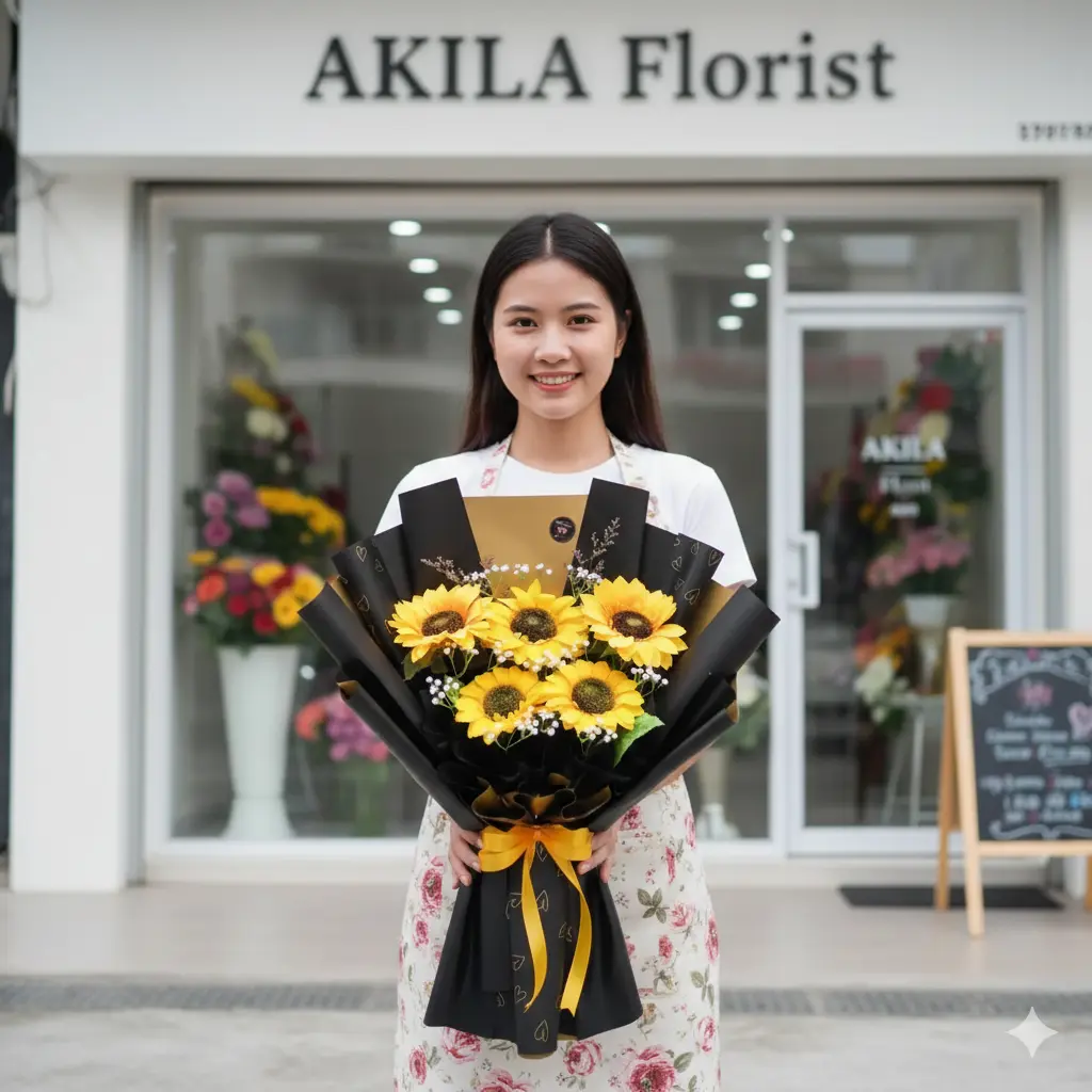 jual buket bunga matahari isi 5 tangkai untuk sempro di UMP purwokerto