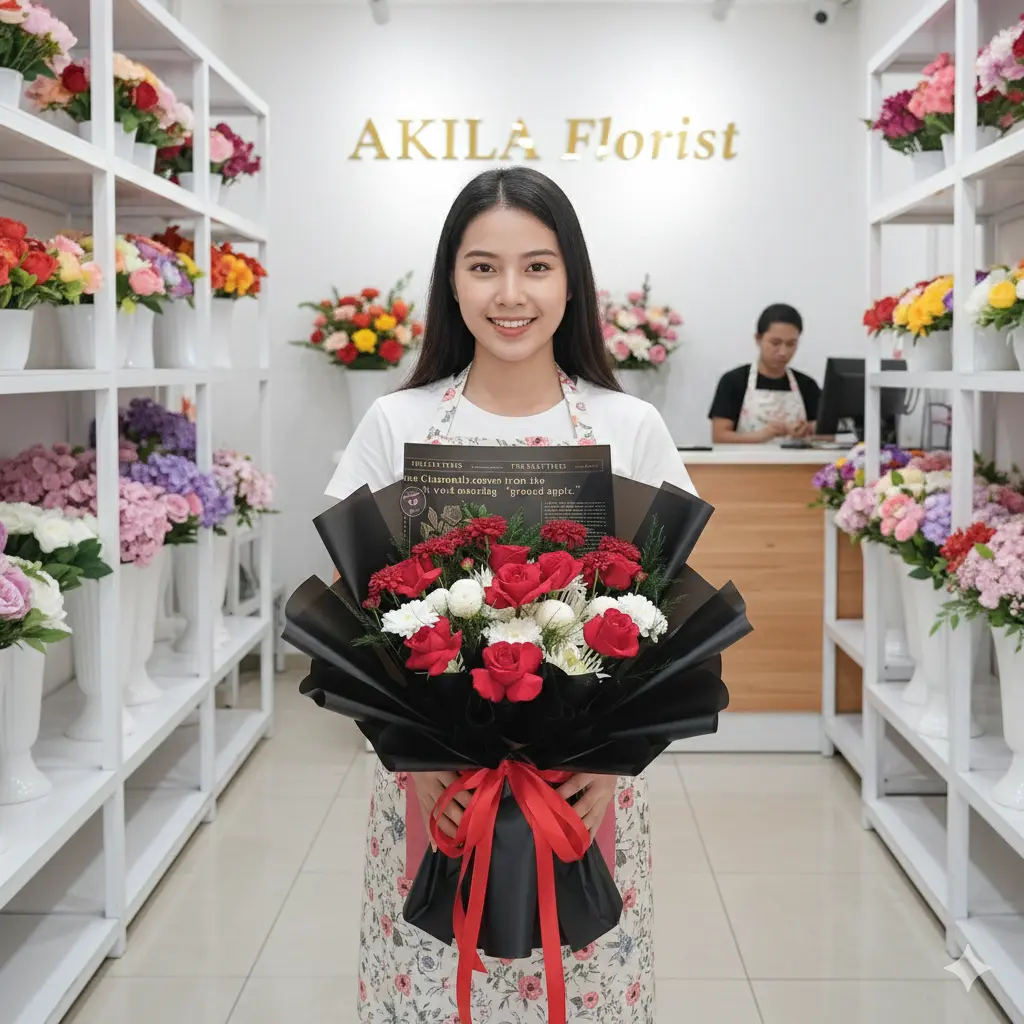 jual buket bunga segar di Purwokerto isi mawar merah 9 tangkai asli untuk perayaan hari ultah atau jadian