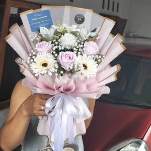 Jual Buket Bunga Mawar Pink Lily Putih Gentle Love Purwokerto