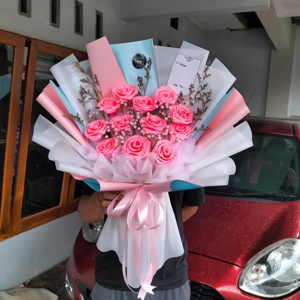 Jual buket bunga satin mawar pink fiori rosa purwokerto