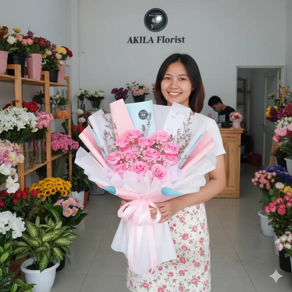 Jual buket bunga satin pink fiori rosa di purwokerto