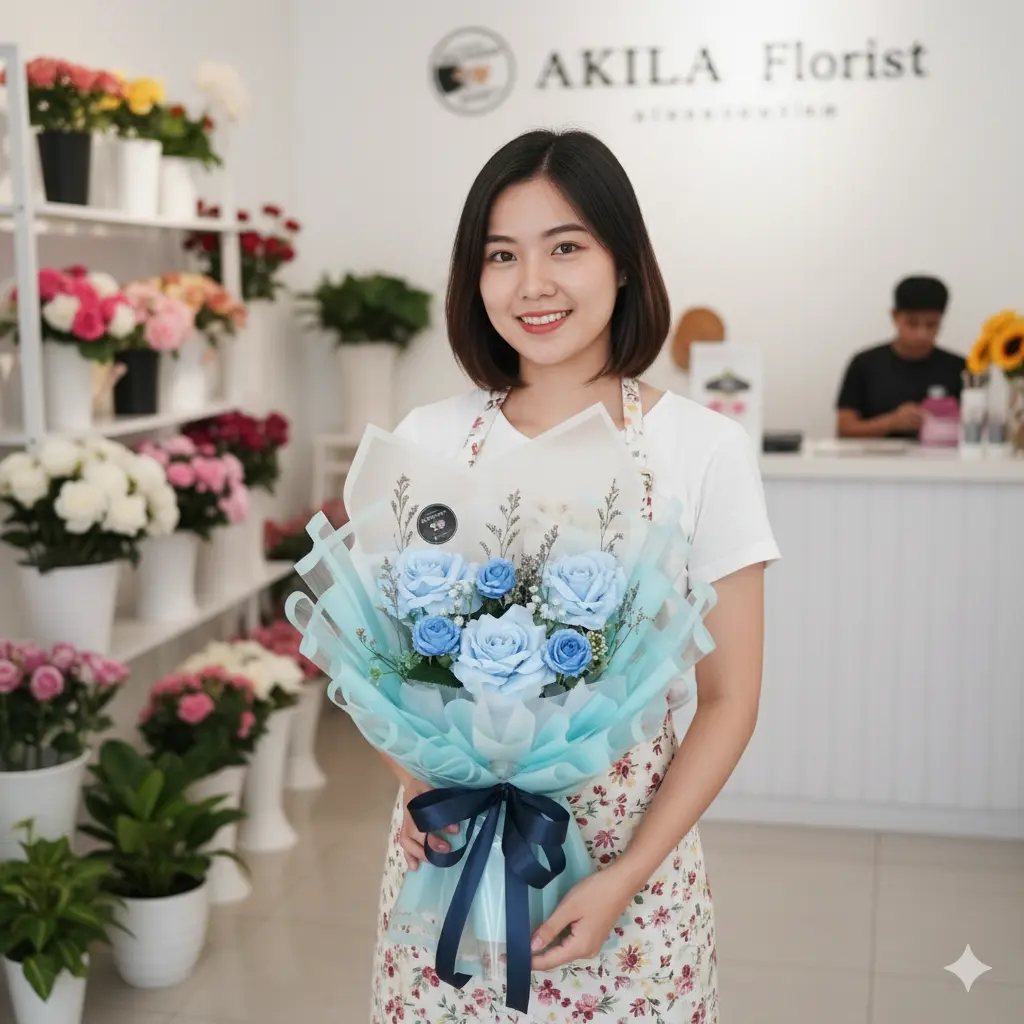 Buket mawar biru Saint Fleur Purwokerto dipegang oleh AKILA Florist dengan wrapping biru putih