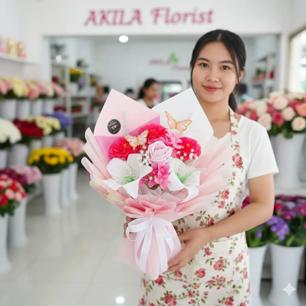 Buket bunga mawar pink dan lily putih Roseira Purwokerto dengan wrapping pink premium