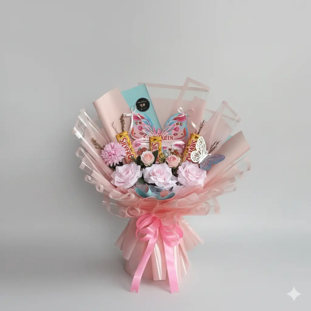 Detail isi buket bunga valentine Purwokerto dengan coklat SilverQueen Butterfly dan mawar pink