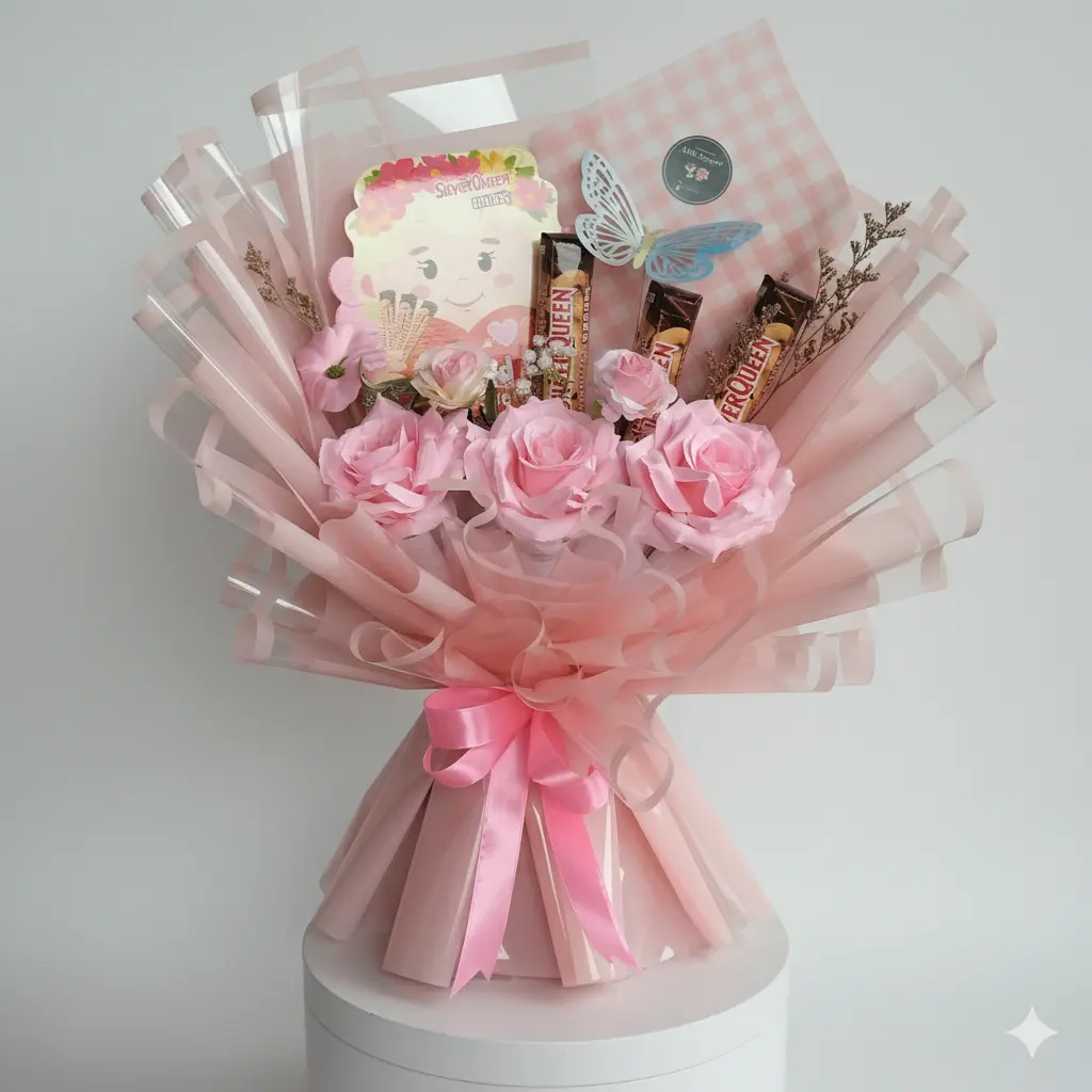 Detail kado valentine Purwokerto coklat SilverQueen edisi spesial Valentine dan wrapping pink estetik
