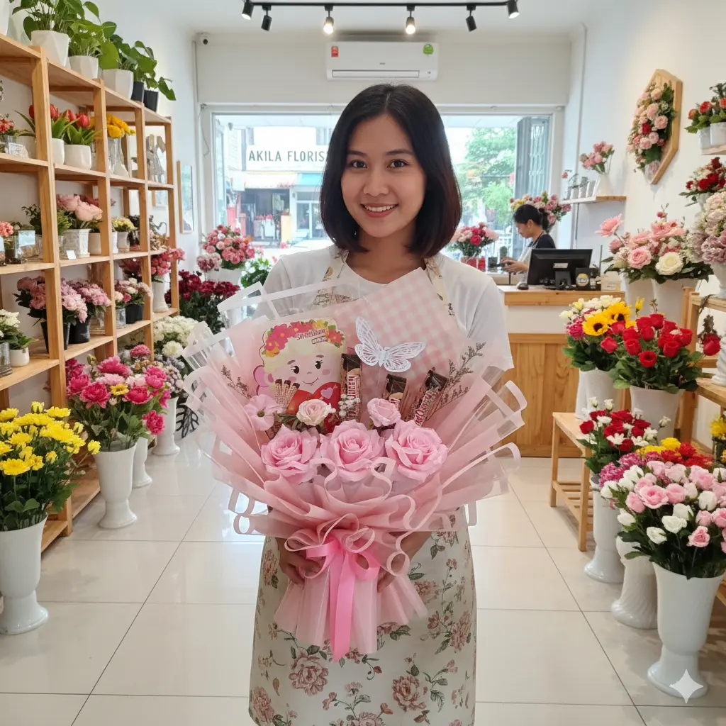 Buket coklat valentine Purwokerto Dearly Loved dengan SilverQueen Chunky Bar Cupid dan mawar pink