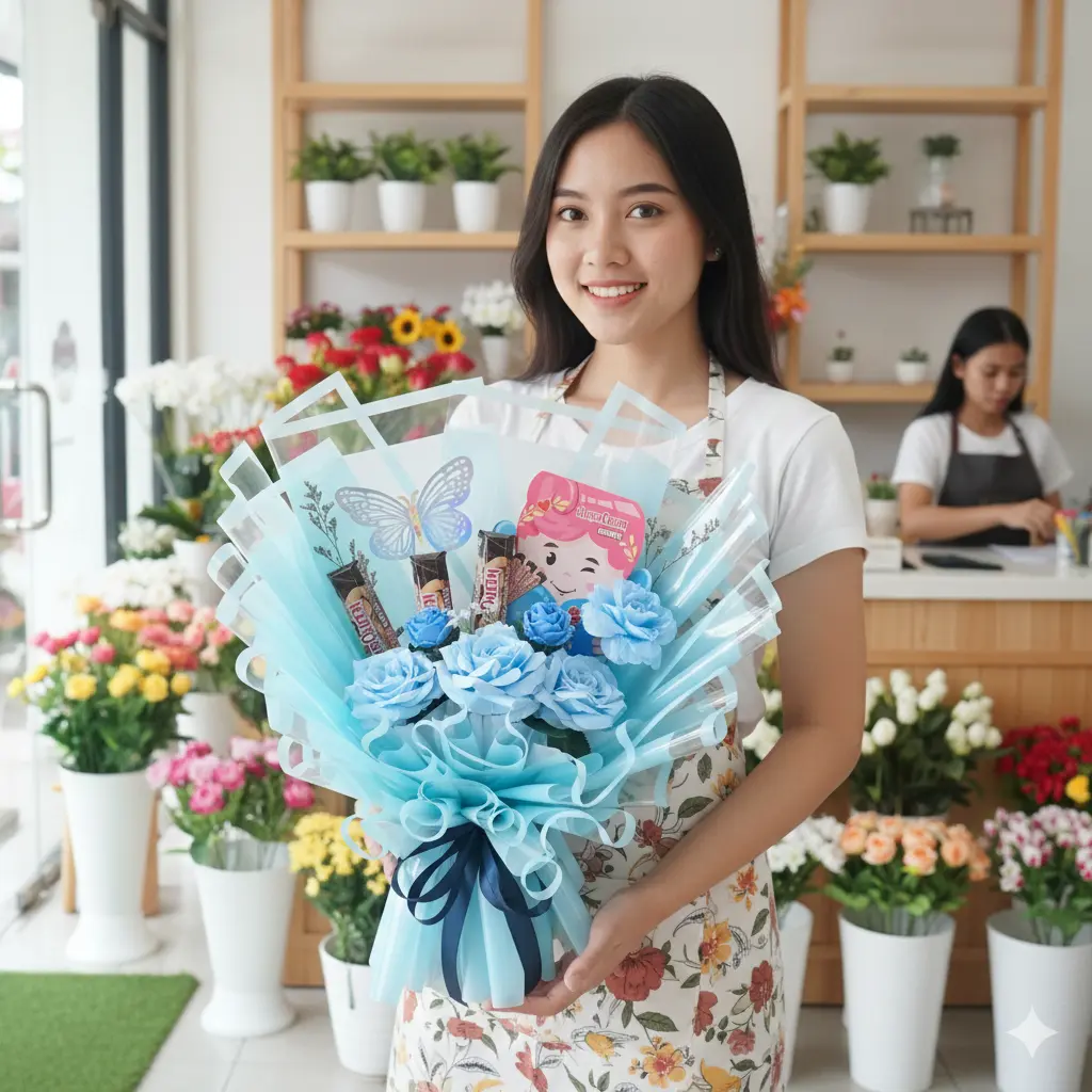 Buket coklat valentine Purwokerto My One dengan SilverQueen Chunky Bar Cupid dan mawar biru