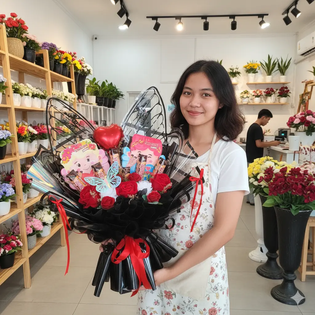 Buket valentine Purwokerto Endless Love model butterfly wrapping hitam dengan coklat SilverQueen Cupid