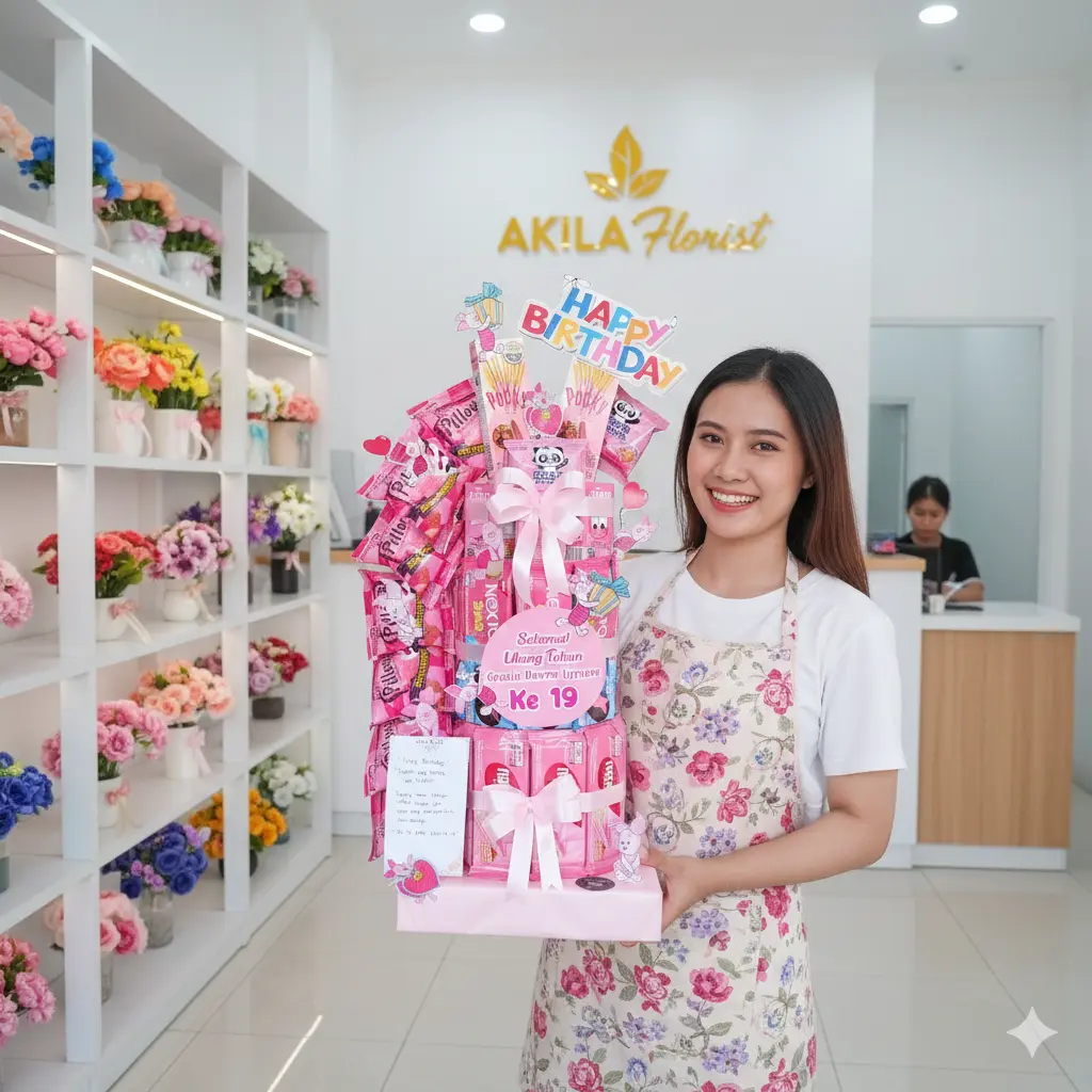 Snack tower Purwokerto tema pink 3 tingkat dengan isian susu Clevo dan aneka wafer Nabati