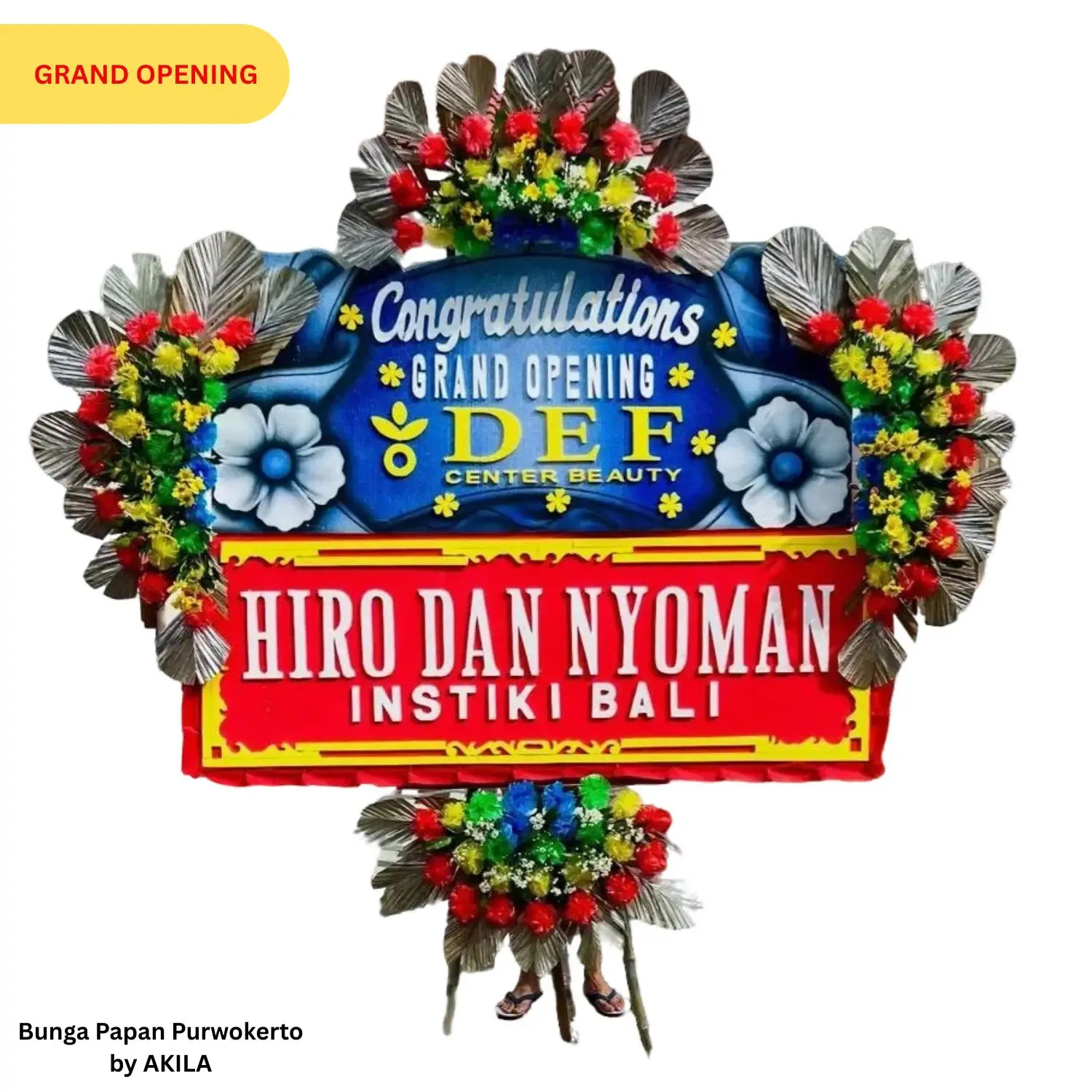 Bunga papan Everlasting Growth 4 jambul biru merah, gratis area ongkir Purwokerto untuk peresmian kantor rekan kerja.