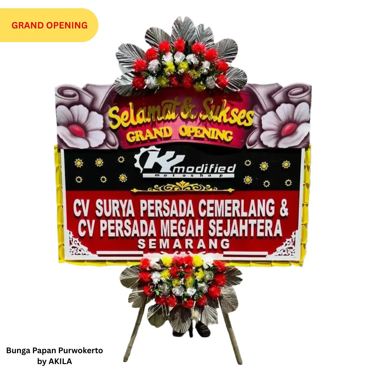 Bunga papan Supreme Glory kustom desain merah kuning 2 jambul, proses cepat 2 jam jadi kirim ke area Purwokerto