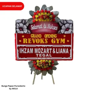 Jual bunga papan grand opening revoks gym luminous success 2 jambul merah kuning, gratis area ongkir Purwokerto dari AKILA Florist