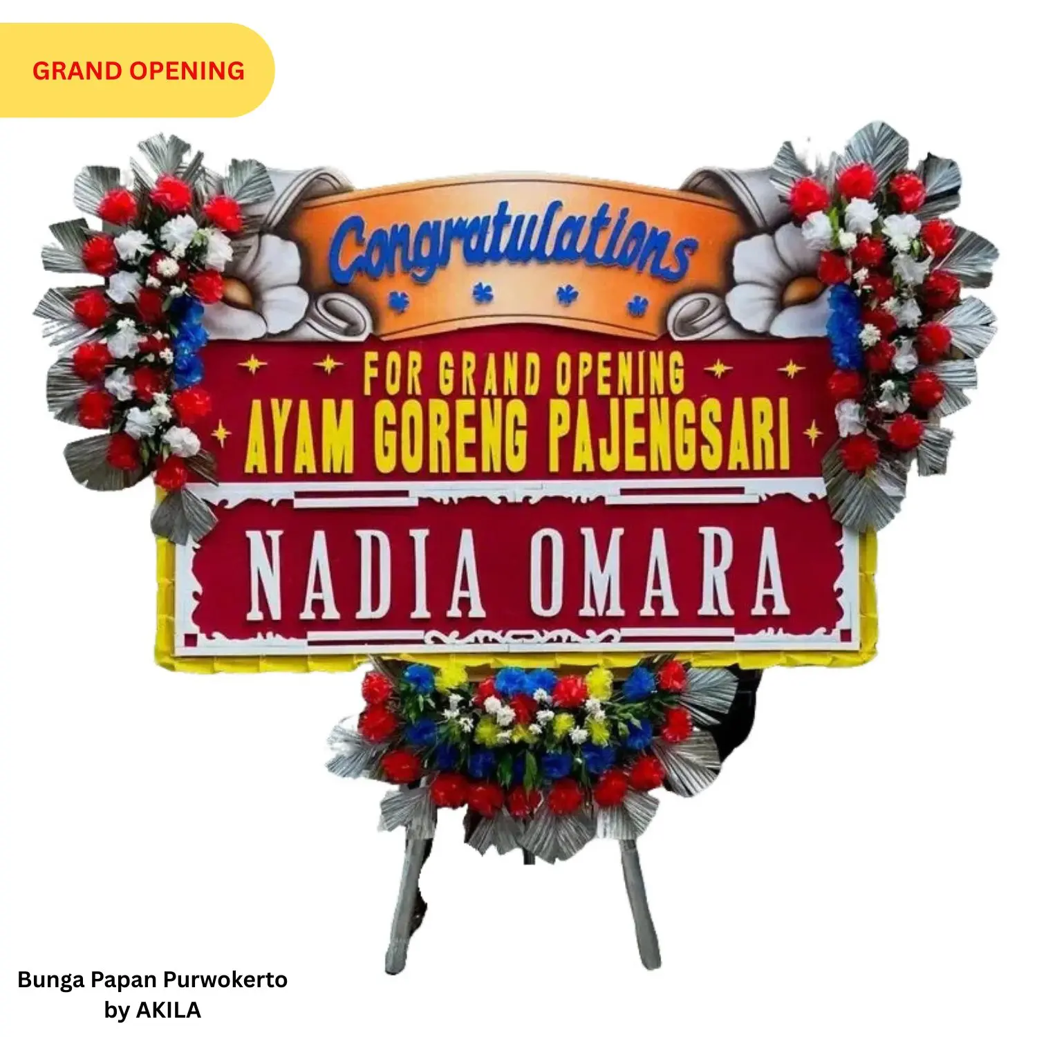 Bunga papan Royal Salute 3 jambul merah orange, free ongkir Purwokerto dari AKILA sebagai apresiasi rekan bisnis anda.