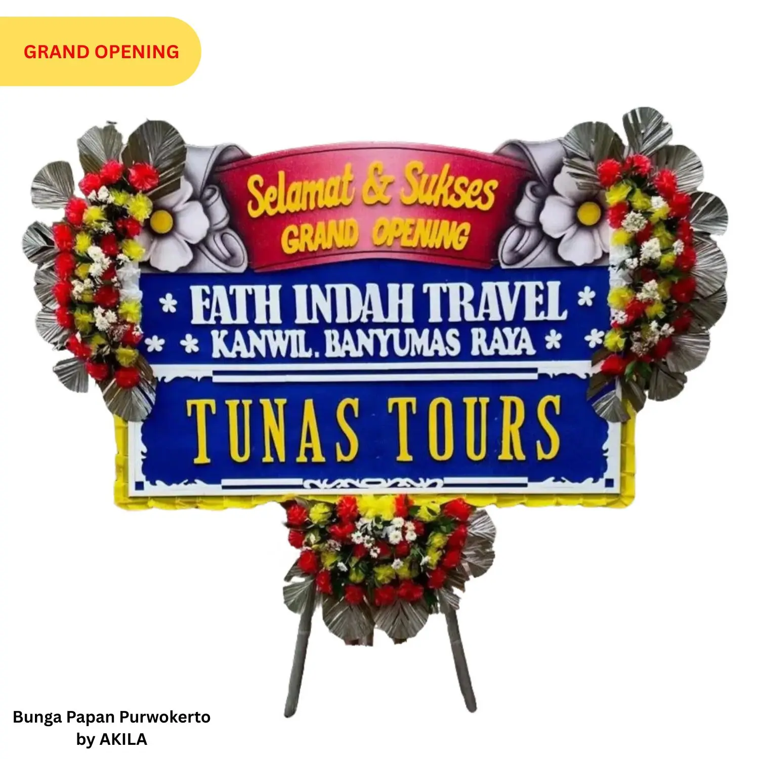Bunga papan Victory Banner 3 jambul merah biru, bebas ongkir Purwokerto dari AKILA untuk acara peresmian kantor baru