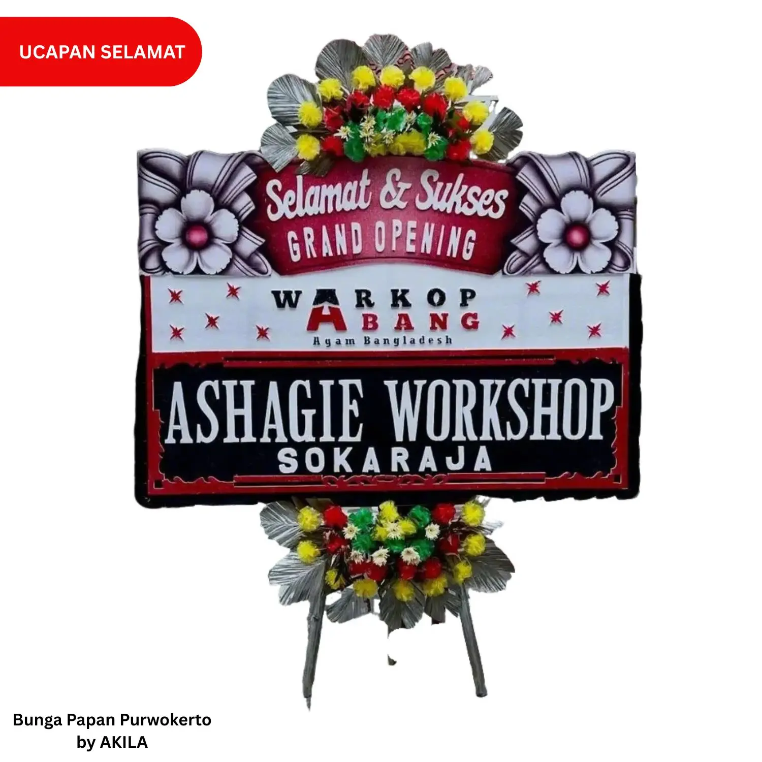 Bunga papan pembukaan warkop abang prime progression 2 jambul maroon putih, solusi bunga papan murah dan cepat di Purwokerto