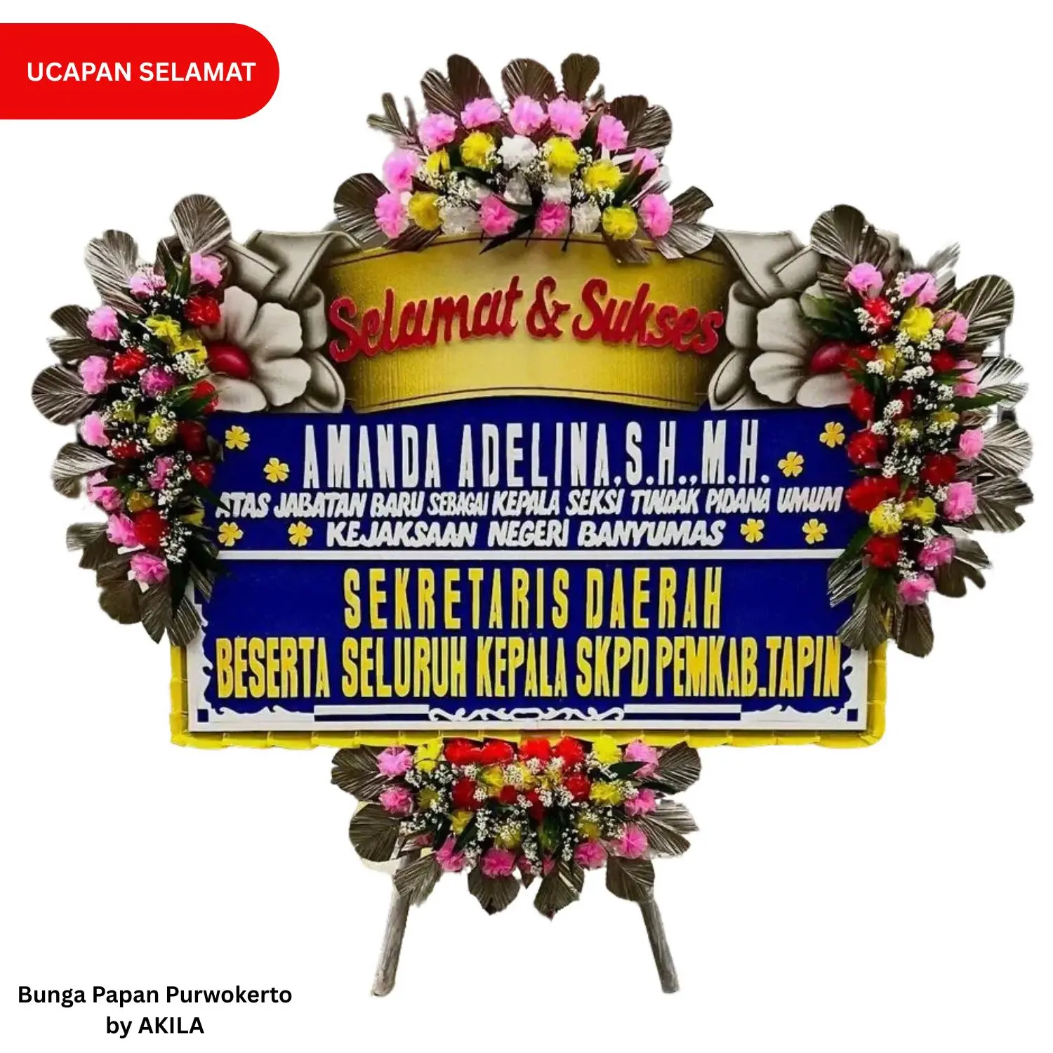 Bunga papan ucapan selamat atas pelantikan Purwokerto noble mandate biru kuning 4 jambul gratis ongkir area Purwokerto