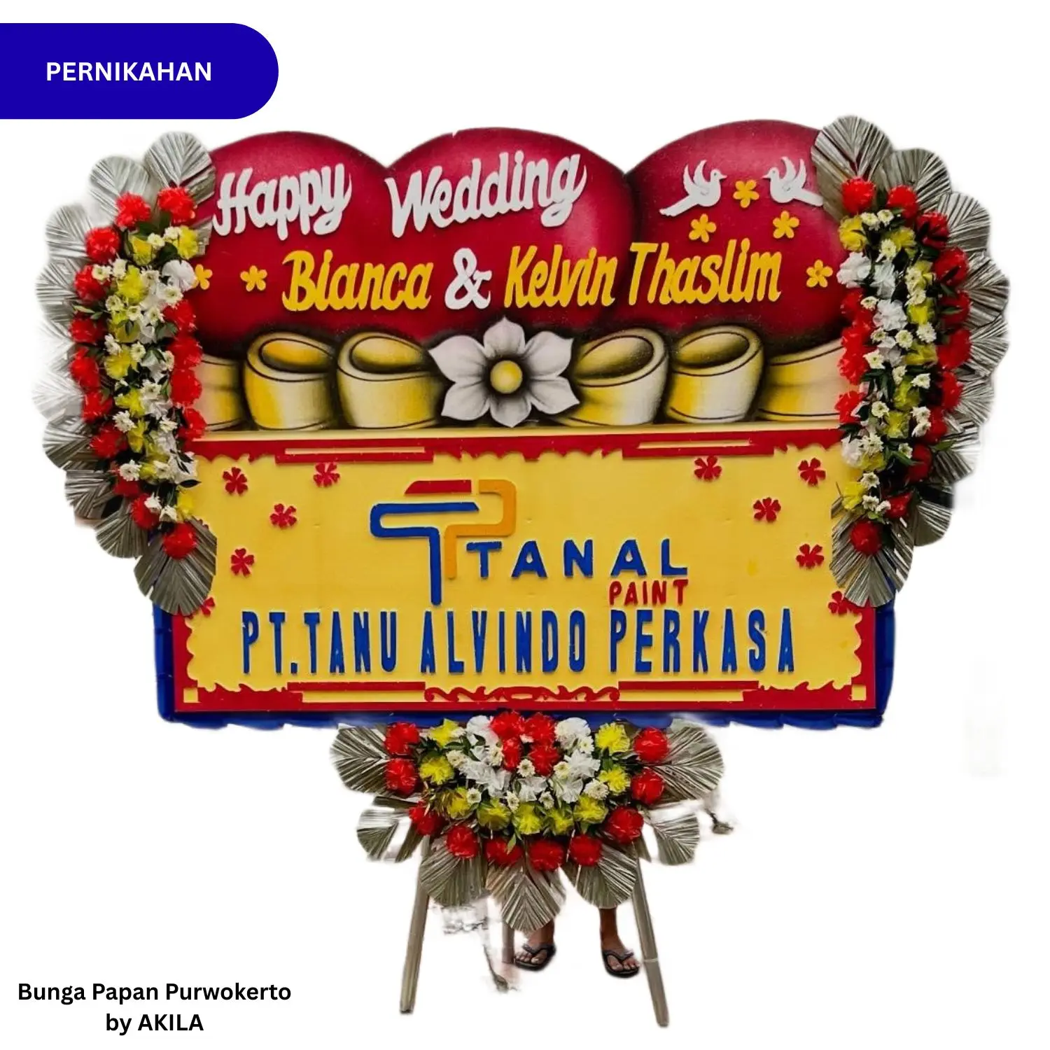 Bunga papan pernikahan Golden Couple 3 jambul warna Merah Kuning kirim ke Java Heritage Hotel proses cepat 2 jam jadi