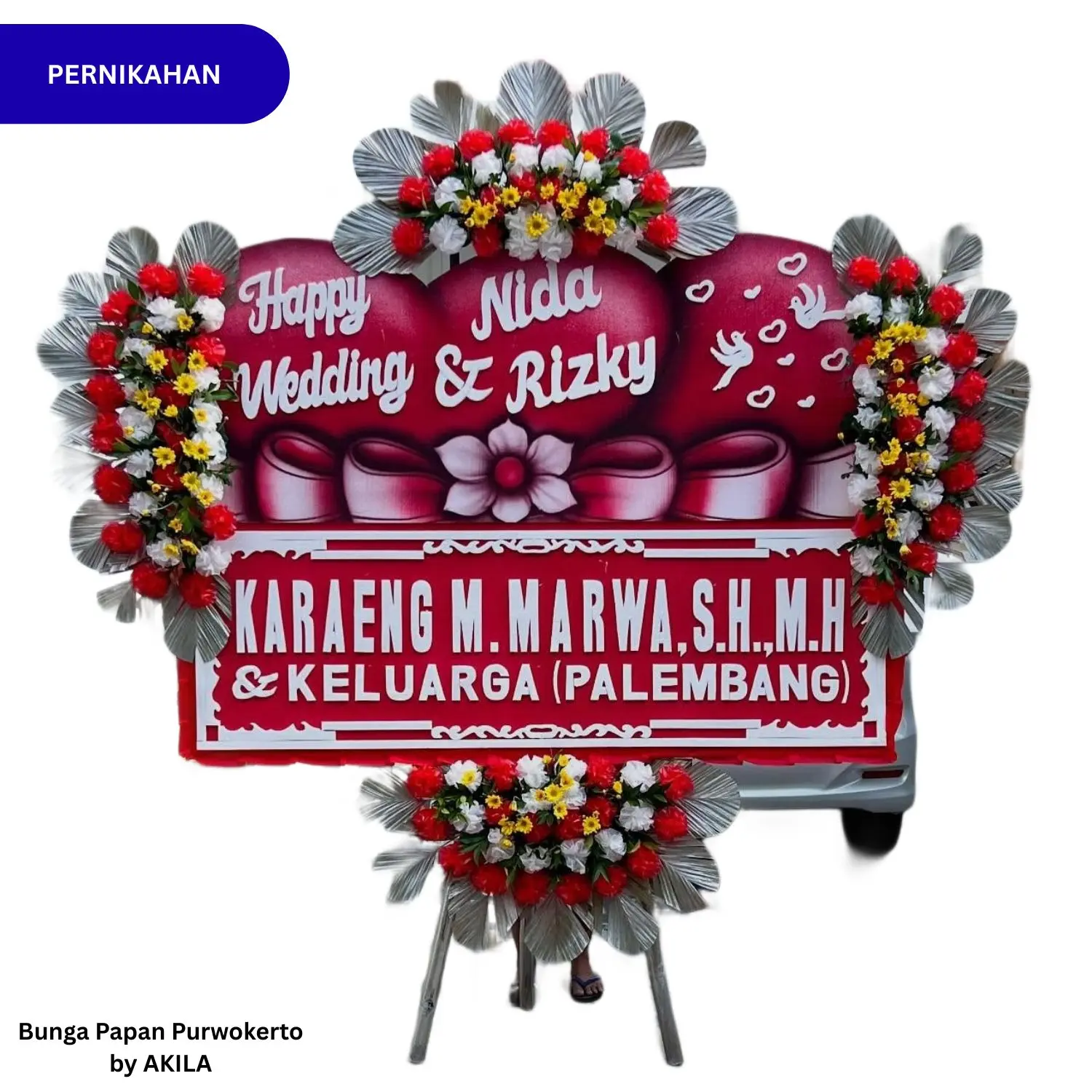 Bunga Papan Pernikahan Purwokerto Harmony Bloom Merah 4 Jambul untuk acara wedding di Hotel Aston
