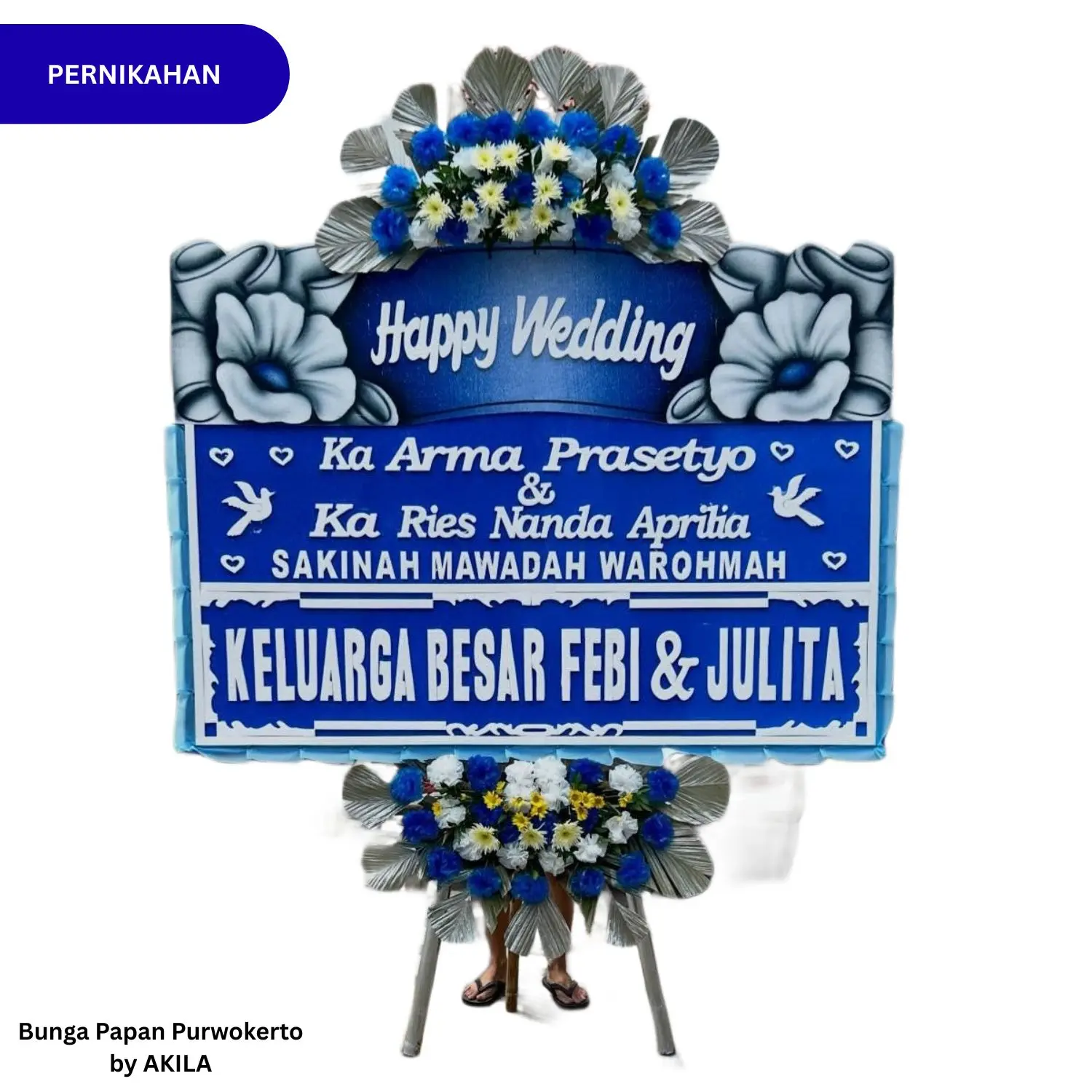 Jual Bunga Papan Pernikahan Purwokerto 2 Jambul Biru Diamond Wishes kirim ke Acara pernikahan rumah Purwokerto
