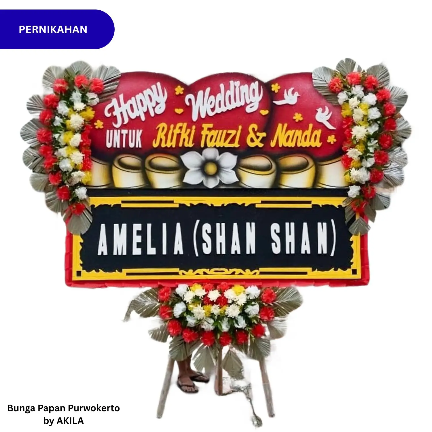 Bunga papan pernikahan Golden Couple 3 jambul warna Merah Kuning gratis kirim ke rumah hajatan area Purwokerto