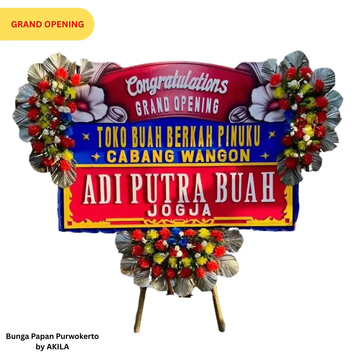 Bunga papan Royal Salute kustom desain merah biru 3 jambul, kirim area Purwokerto untuk acara grand opening resto.