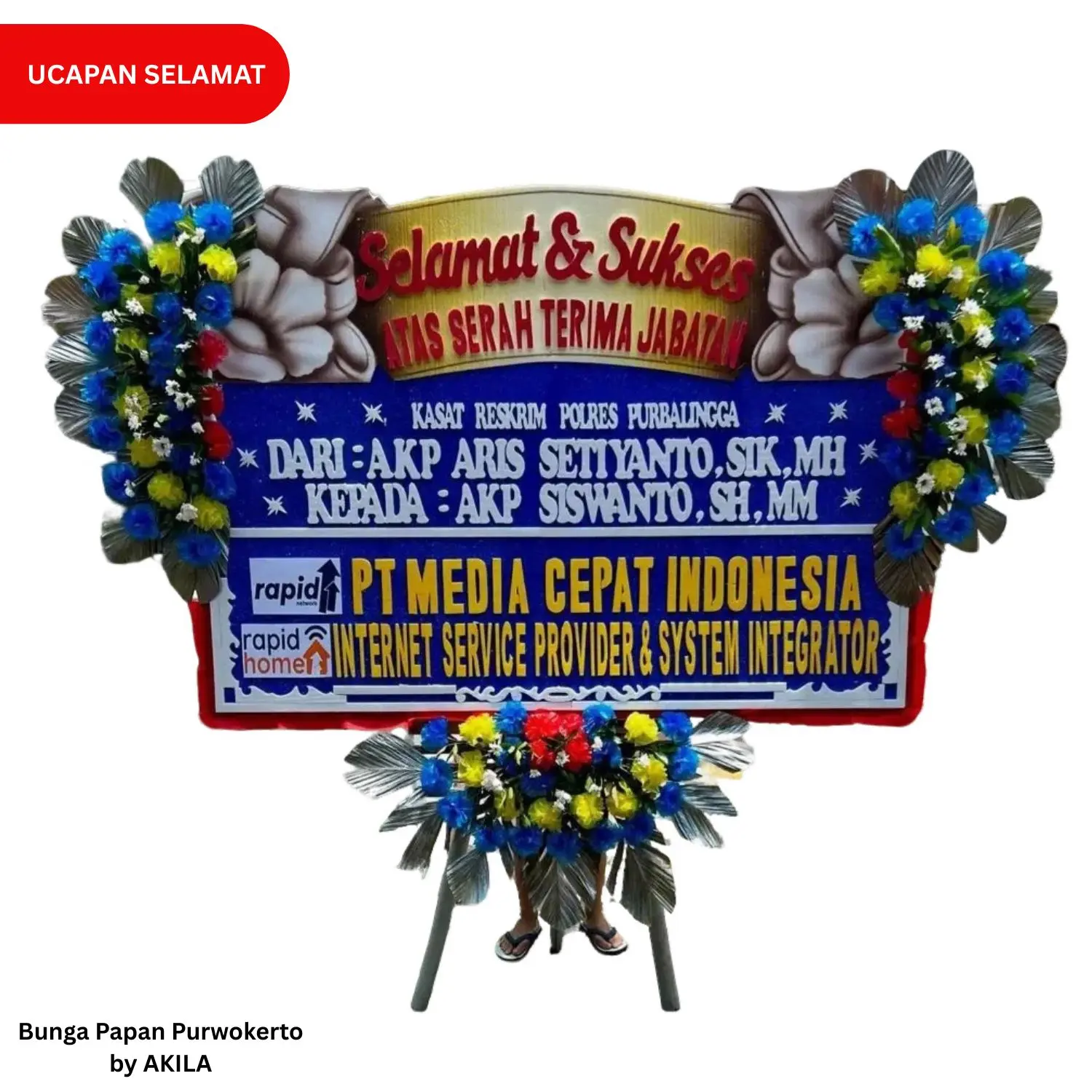 Bunga papan ucapan selamat serah terima jabatan 3 jambul biru kuning free ongkir ke Purbalingga