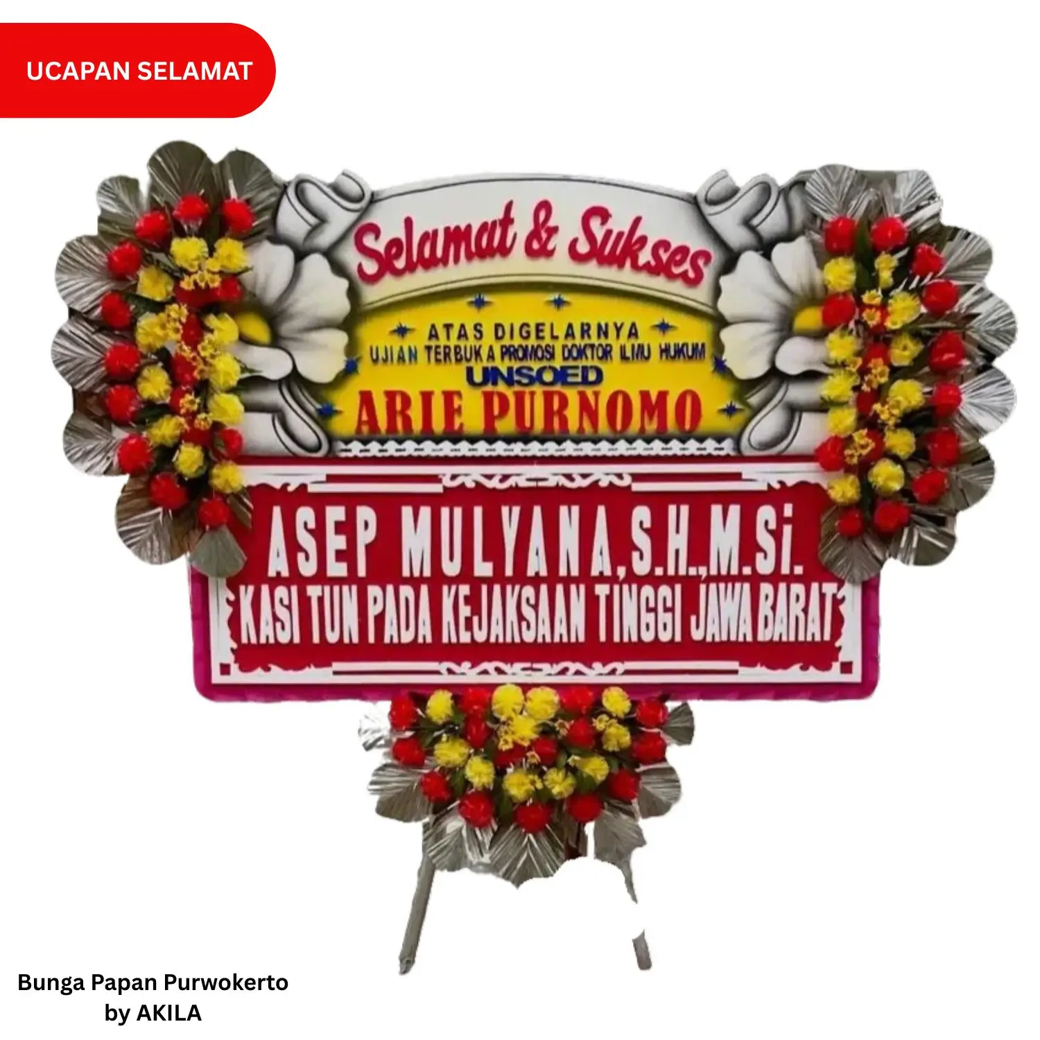 Bunga papan ucapan selamat acara ujian terbuka doktor UNSOED Purwokerto noble trust 3 jambul merah kuning