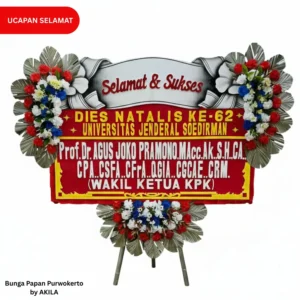 Bunga papan ucapan selamat dies natalis Universitas Jenderal Soedirman prosperous years 3 jambul merah kuning free ongkir