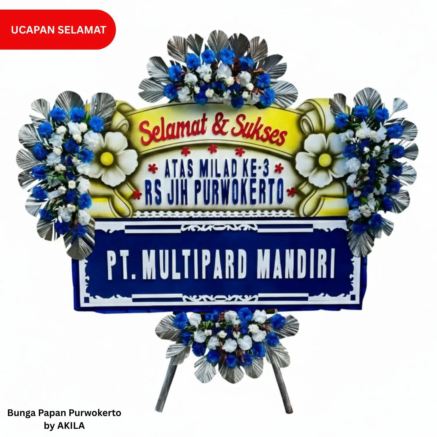 Bunga papan ucapan selamat hari jadi rs jih Purwokerto 4 jambul biru kuning legacy celebration free ongkir area Purwokerto
