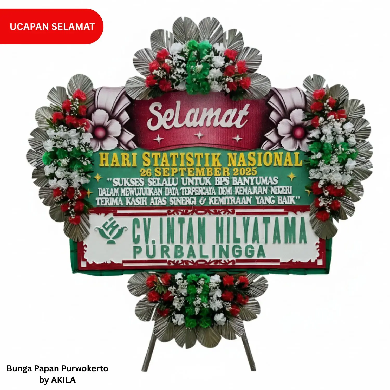 Bunga papan ucapan selamat HUT hari statistik nasional 4 jambul hijau merah free ongkir area Purwokerto
