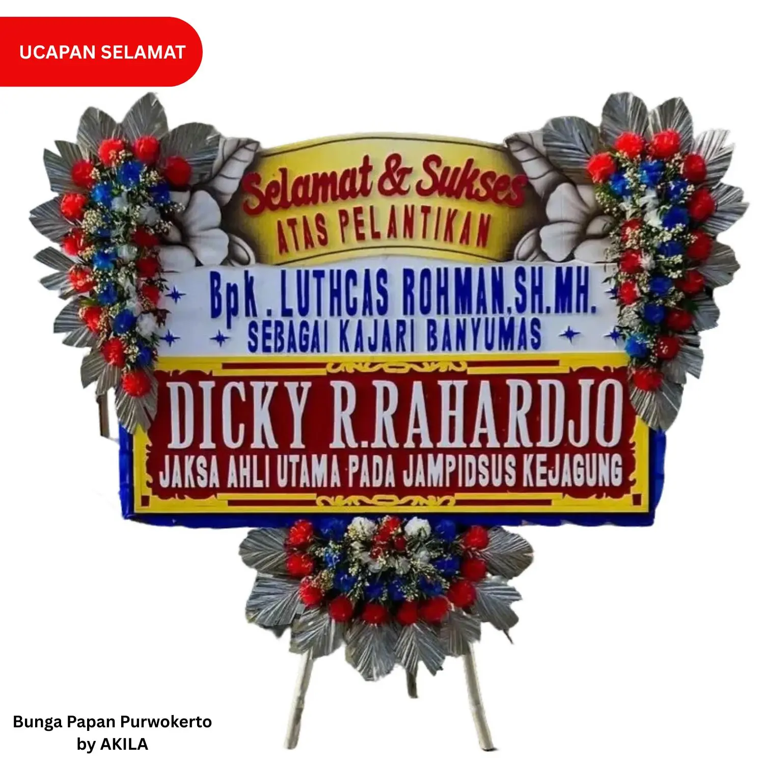 Bunga papan ucapan selamat pelantikan jabatan higher tribute 3 jambul warna merah di Purwokerto
