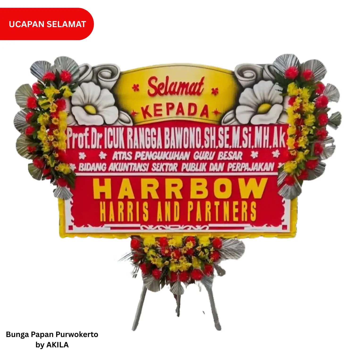 Bunga papan ucapan selamat pengukuhan guru besar Universitas Jenderal Soedirman 3 jambul merah kuning free ongkir