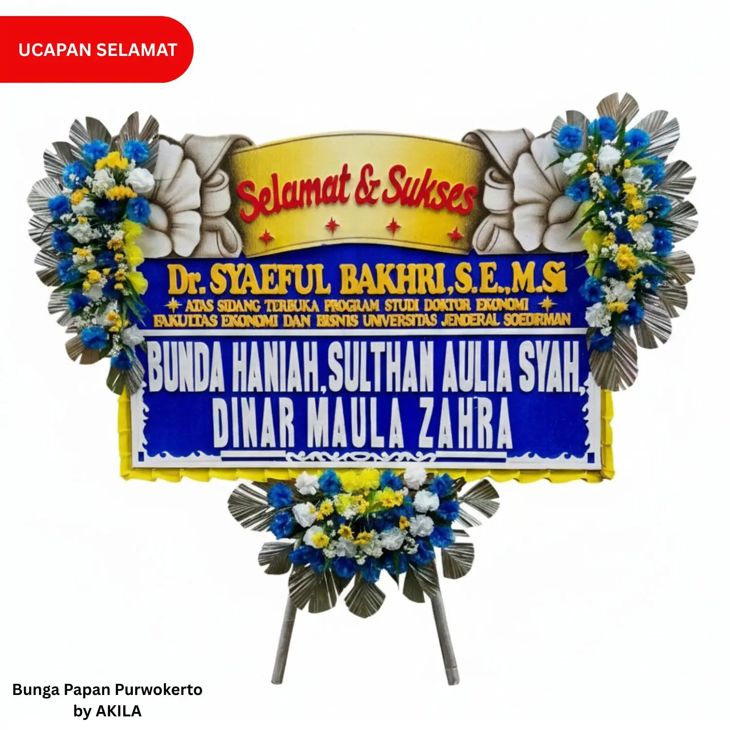 Bunga papan ucapan selamat sidang terbuka Universitas Jenderal Soedirman 3 jambul biru kuning gartis pengiriman Purwokerto