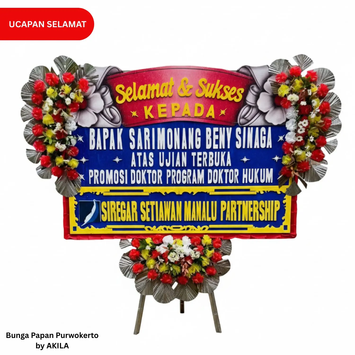 Bunga papan ucapan selamat ujian terbuka Universitas Muhammadiyah Purwokerto desain 3 jambul merah biru free ongkir Purwokerto