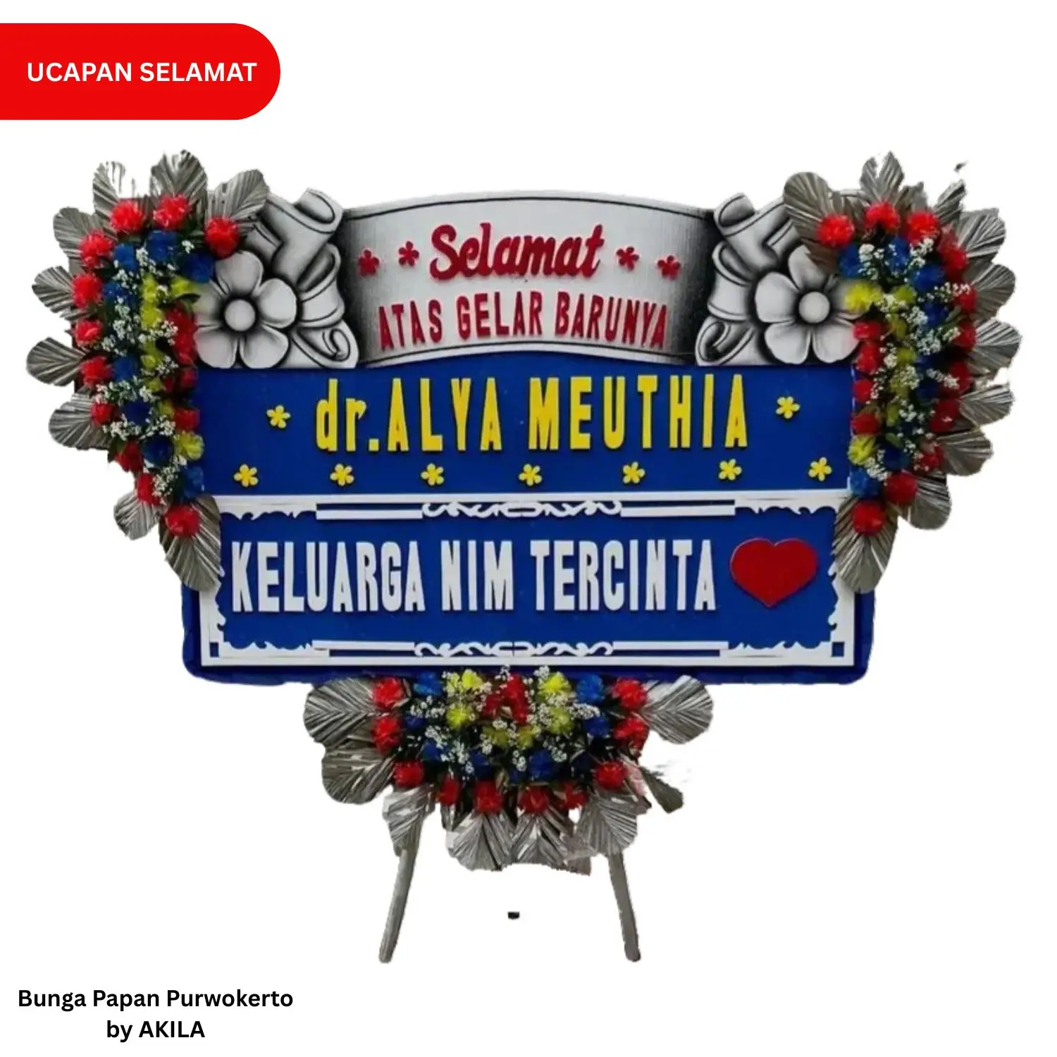 Bunga papan ucapan selamat wisuda UNSOED Purwokerto 3 jambul biru majestic journey gartis ongkir ke UNSOED