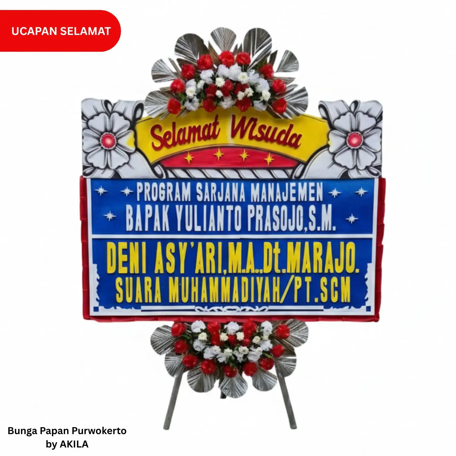 Bunga papan ucapan selamat wisuda 2 jambul biru kuning UNSOED Purwokerto kirim gratis