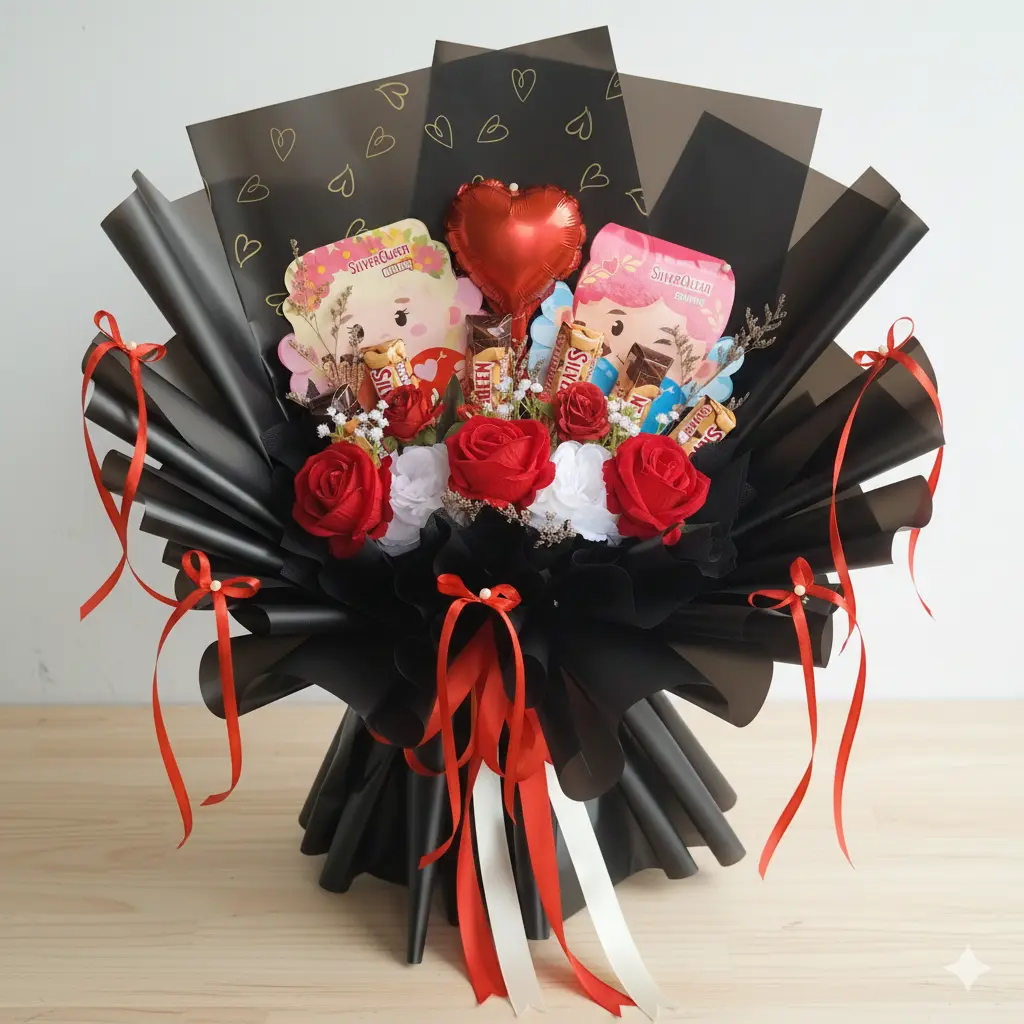 Detail Buket Valentine Wrapping Hitam Mawar Merah Silverqueen Cupid Edisi Valentine Di Purwokerto