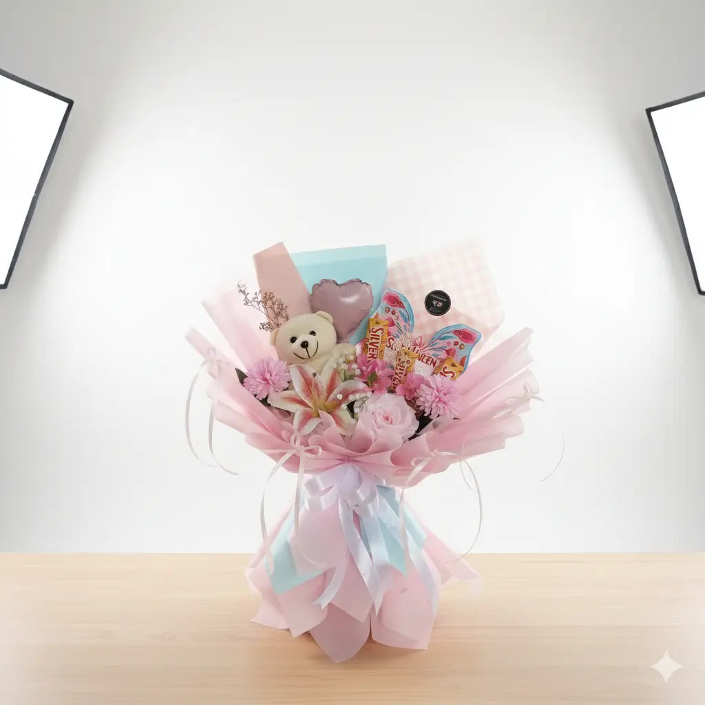 detail desain buket valentine pink dihiasi mawar pink dan lily coklat silverqueen cupid purwokerto