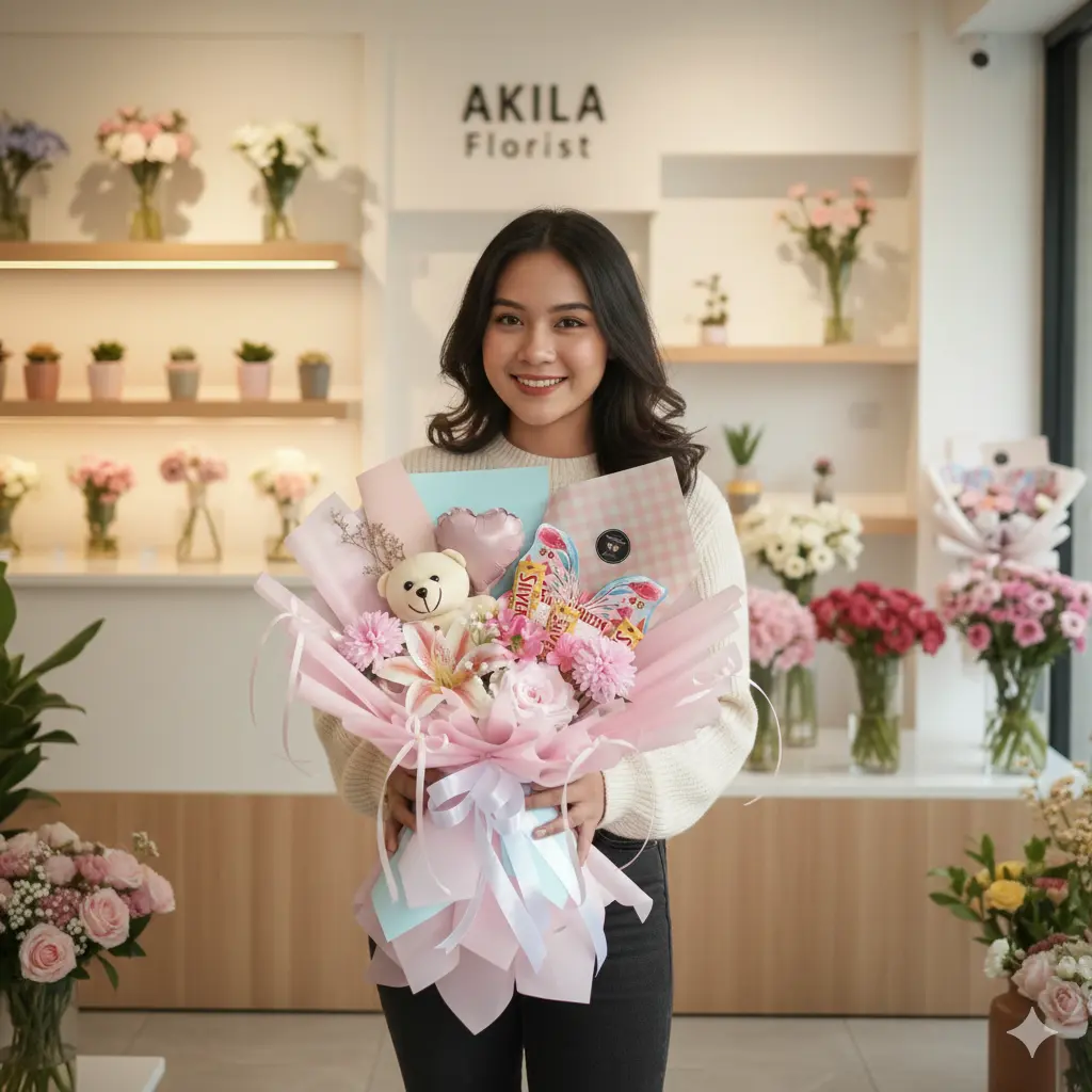 jual buket valentine purwokerto mawar dan lily pink dihiasi silverqueen cupid bisa kirim ke lokasi