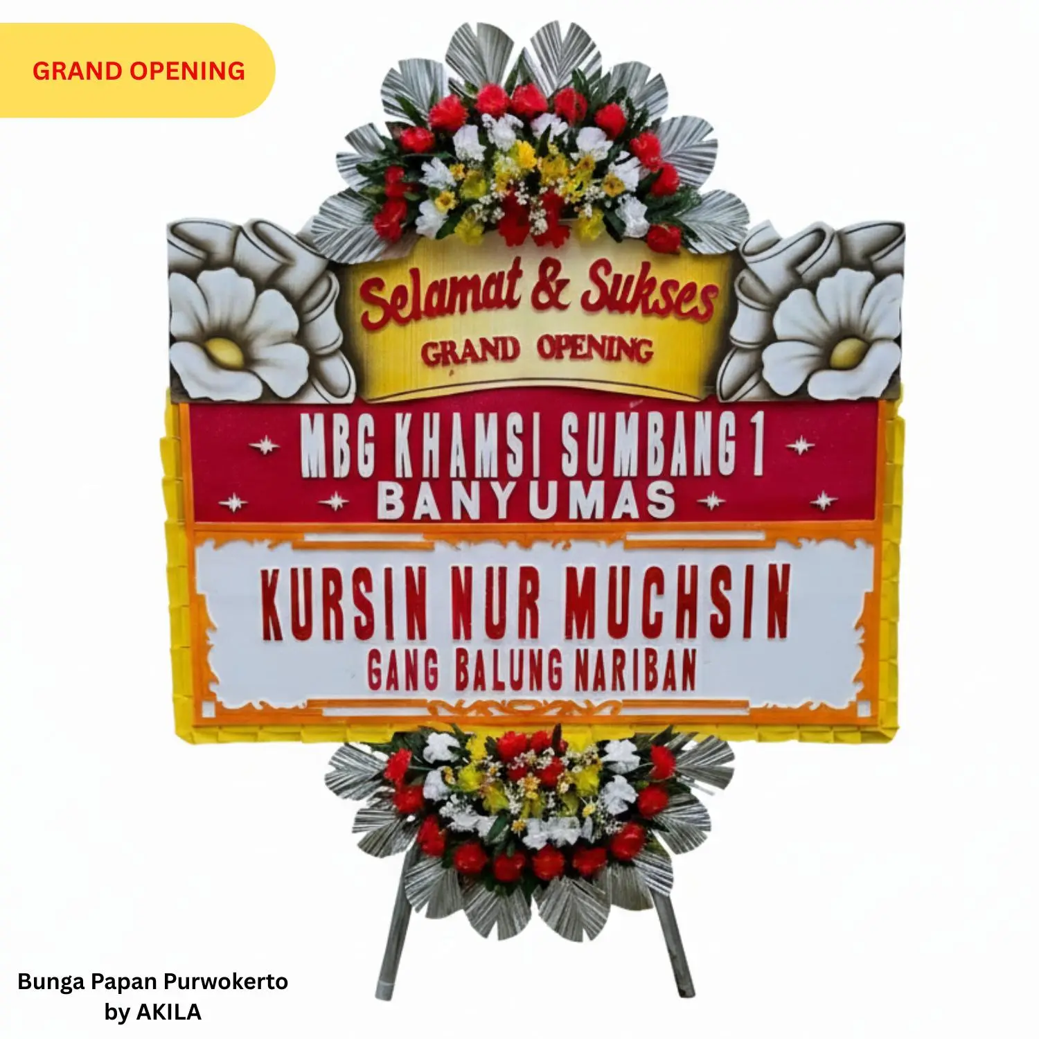 Jual bunga papan Business Milestone merah kuning 2 jambul kustom desain, pengerjaan cepat untuk pembukaan usaha baru