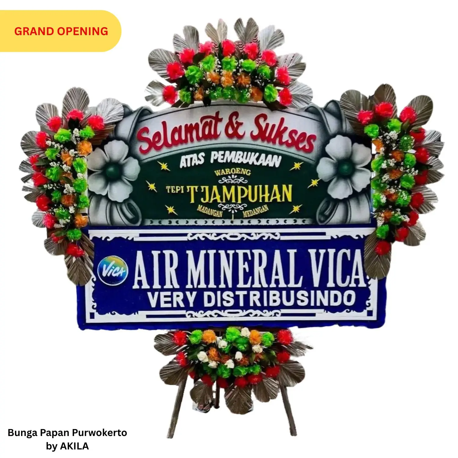 Jual bunga papan Everlasting Growth hijau biru 4 jambul, pengerjaan cepat dari AKILA untuk pembukaan toko di Purwokerto.