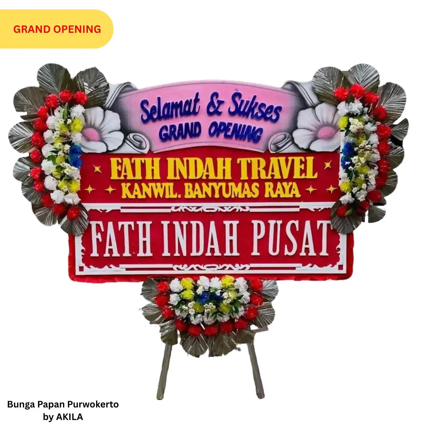 Jual bunga papan Royal Salute merah pink 3 jambul, pengerjaan cepat di AKILA untuk pembukaan cabang baru.