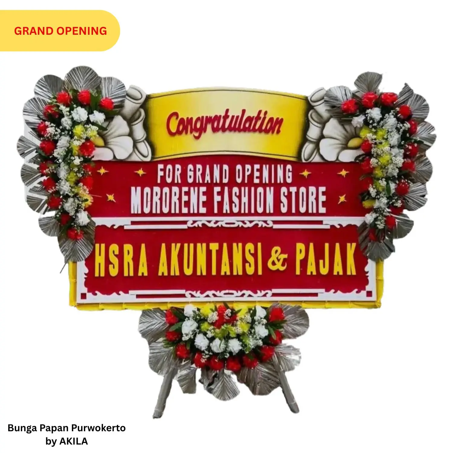 Jual bunga papan Victory Banner merah kuning 3 jambul, proses cepat 2 jam jadi untuk pembukaan toko baru rekan kerja