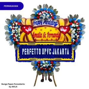 Bunga Papan Pernikahan Floral Symphony 4 Jambul Kuning Biru untuk kirim ke Tempat resepsi Purwokerto