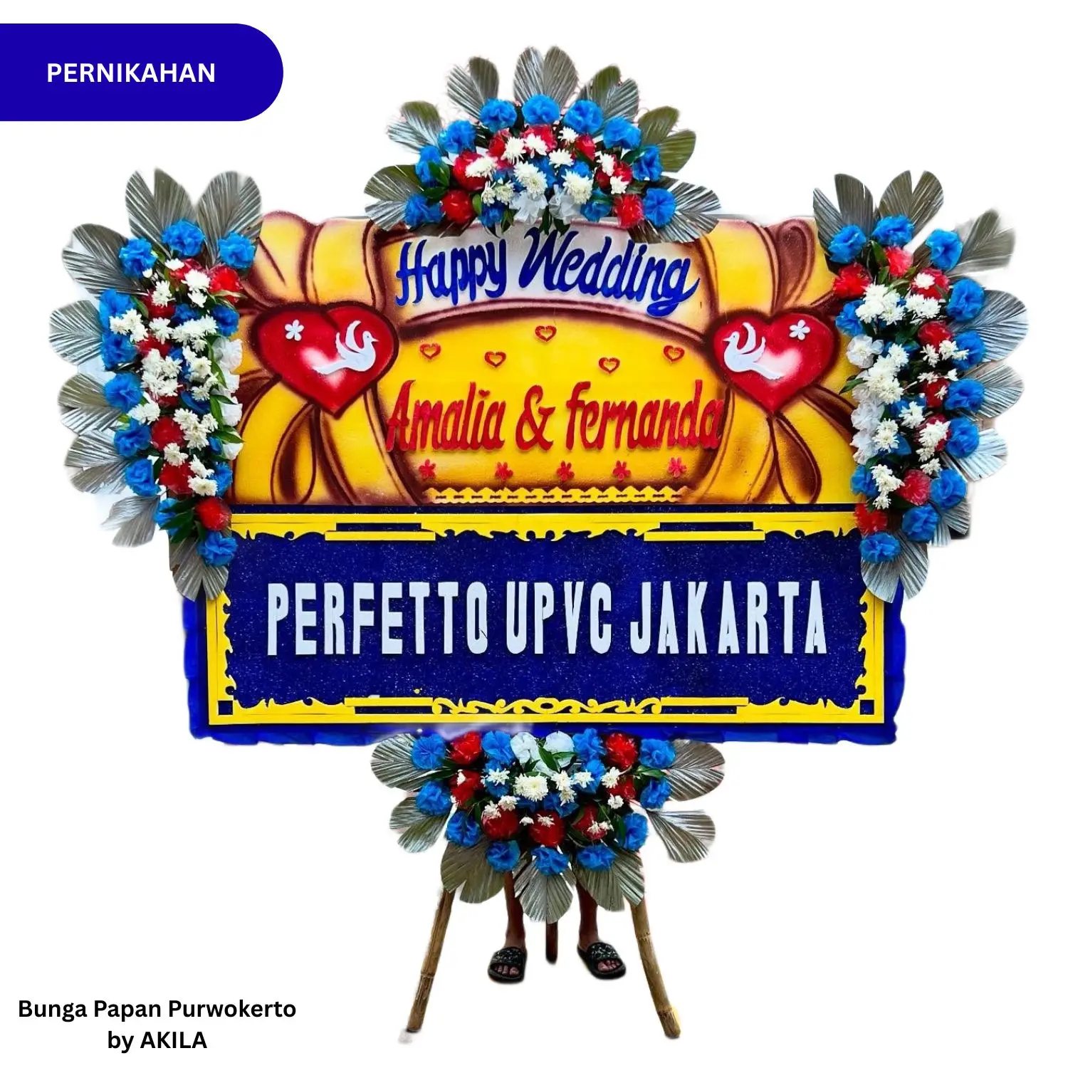 Bunga Papan Pernikahan Floral Symphony 4 Jambul Kuning Biru untuk kirim ke Tempat resepsi Purwokerto